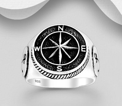 925 Sterling Silver Oxidized Compass and Anchor Ring