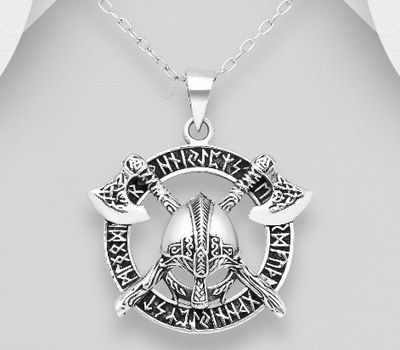 Şəkli böyütmək üçün tiklayın 925 Sterling Silver Oxidized Pendant Featuring Armour Mask, Ax, Celtic And Viking vegvisir amulet