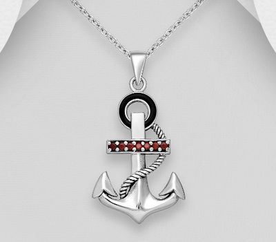 925 Sterling Silver Oxidized Anchor Pendant Decorated With Colored Enamel & CZ