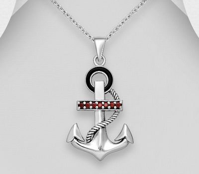 Şəkli böyütmək üçün tiklayın 925 Sterling Silver Oxidized Anchor Pendant Decorated With Colored Enamel & CZ