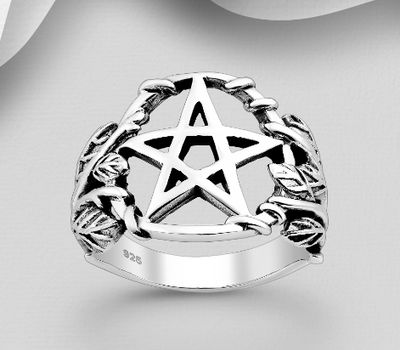 925 Sterling Silver Oxidized Leaf and Star Ring