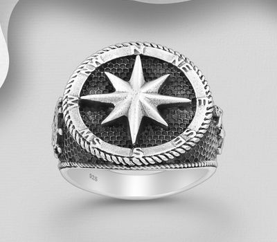 Şəkli böyütmək üçün tiklayın 925 Sterling Silver Anchor and Compass and Ship Wheel Ring