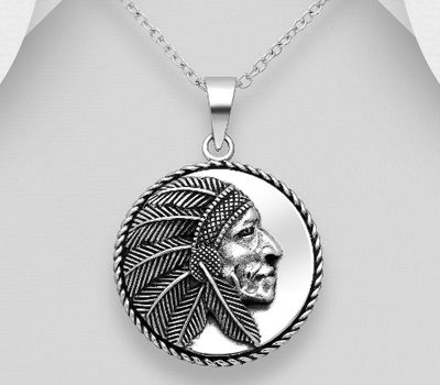 925 Sterling Silver Oxidized Indian Head Pendant
