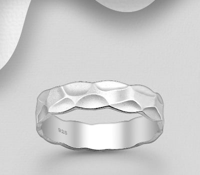 925 Sterling Silver Hammered Band Ring, 4 mm Wide