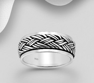 925 Sterling Silver Oxidized Weave Spin Band Ring, 8 mm Wide