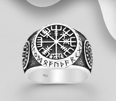 925 Sterling Silver Celtic and Viking Vegvisir Amulet Ring