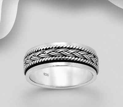 925 Sterling Silver Oxidized Weave Spin Band Ring, 7 mm Wide