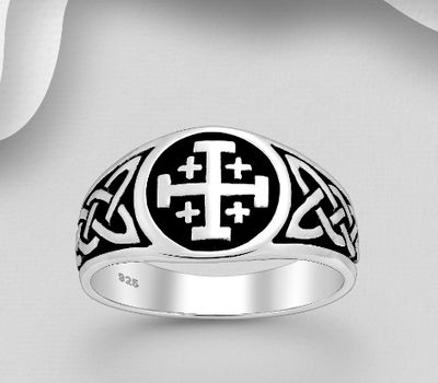 Şəkli böyütmək üçün tiklayın 925 Sterling Silver Oxidized Celtic And Jerusalem Cross Ring