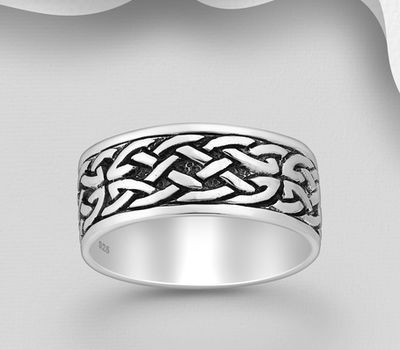 925 Sterling Silver Oxidized Celtic Band Ring, 8 mm Wide