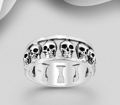 925 Sterling Silver Oxidized Skull Band Ring, 8 mm Wide