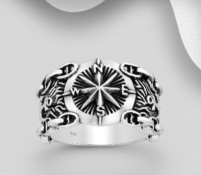 Şəkli böyütmək üçün tiklayın 925 Sterling Silver Oxidized Compass And Anchor Ring