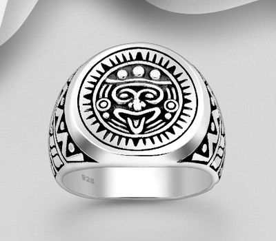 Şəkli böyütmək üçün tiklayın 925 Sterling Silver Oxidized Aztec Calendar Ring