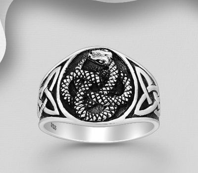 925 Sterling Silver Oxidized Celtic Ring, Featuring Snake