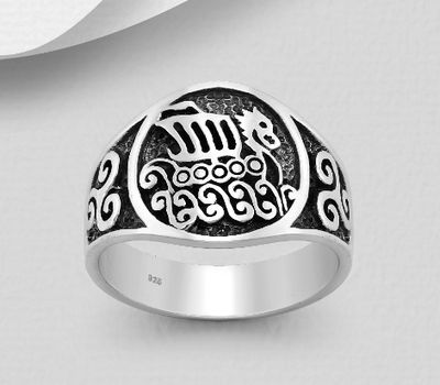 925 Sterling Silver Oxidized Viking Boat And Triskelion Ring
