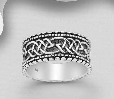 925 Sterling Silver Oxidized Celtic Band Ring, 9 mm Wide