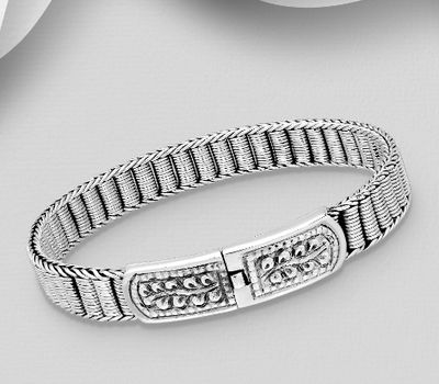 Şəkli böyütmək üçün tiklayın 925 Sterling Silver Oxidized Leaf Bracelet, 11mm Wide.