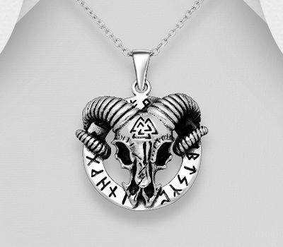 925 Sterling Silver Oxidized Pendant Featuring Goat Horn,Valknut And Viking vegvisir amulet