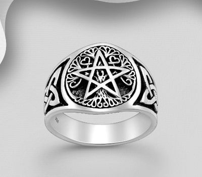 925 Sterling Silver Oxidized Celtic Star and Tree of Life Ring