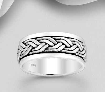 925 Sterling Silver Oxidized Weave Pattern Band Ring, 8.5 mm Wide