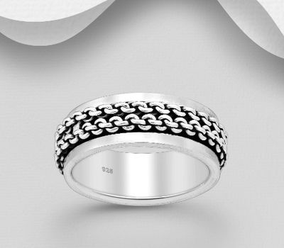 925 Sterling Silver Oxidized Spinnable Band Ring, Featuring Cable Design, 8 mm Wide
