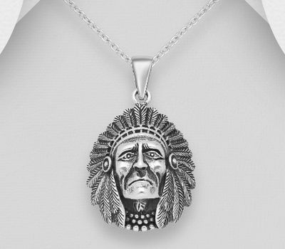 925 Sterling Silver Oxidized Indian Head Pendant