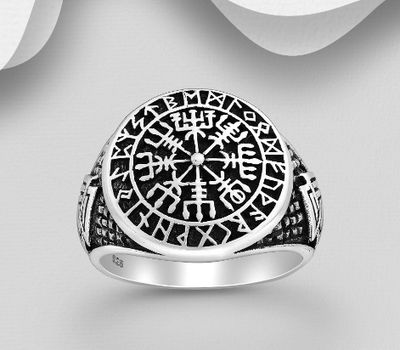 Şəkli böyütmək üçün tiklayın 925 Sterling Silver Valknut And Viking Vegvisir Amulet Ring