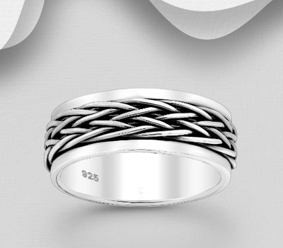 925 Sterling Silver Oxidized Weave Pattern Band Ring, 8 mm Wide