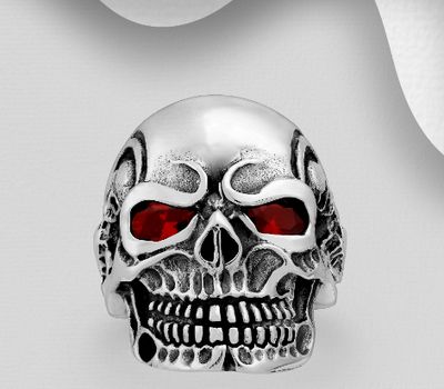 925 Sterling Silver Oxidized Skull Ring, Decorated with CZ Simulated Diamonds