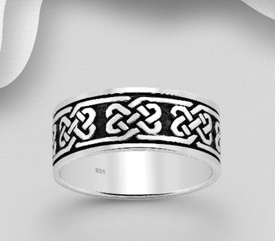 925 Sterling Silver Oxidized Celtic Band Ring, 8 mm Wide.