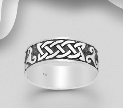 925 Sterling Silver Oxidized Celtic and Triskelion Band Ring, 8 mm Wide