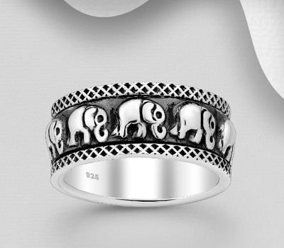 925 Sterling Silver Oxidized Elephant Band Spin Ring, 9 mm Wide