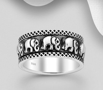 Şəkli böyütmək üçün tiklayın 925 Sterling Silver Oxidized Elephant Band Spin Ring, 9 mm Wide