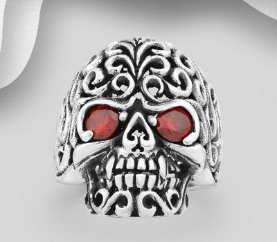 925 Sterling Silver Oxidized Swirl Skull Ring, Decorated with Various Color CZ Simulated Diamonds