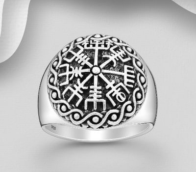 Malın səhifəsinə keç 925 Sterling Silver Oxidized Viking Vegvisir Amulet Ring