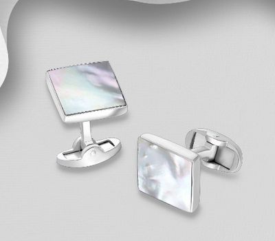 Şəkli böyütmək üçün tiklayın 925 Sterling Silver Cuff Links Featuring Square Decorated With Shell