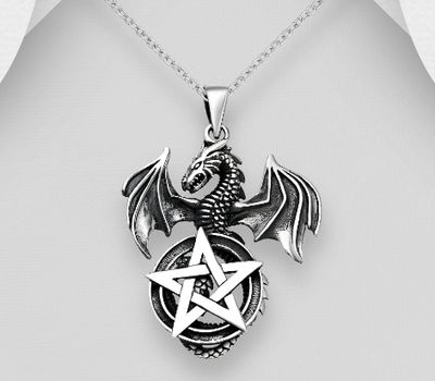 925 Sterling Silver Oxidized Dragon and Star Pendant