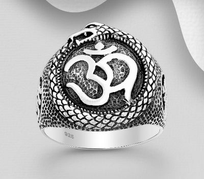925 Sterling Silver Oxidized Om Ouroboros Snake Ring