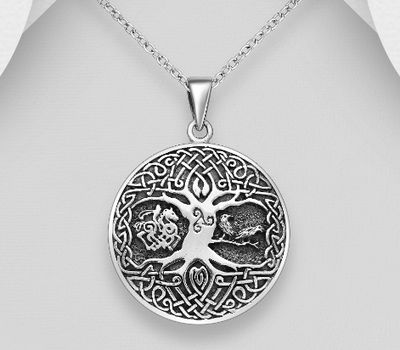 Şəkli böyütmək üçün tiklayın 925 Sterling Silver Oxidized Pendant Featuring Celtic Tree of Life, Bird, Horse and Human