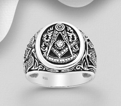925 Sterling Silver Oxidized Freemasonry and Wings Ring