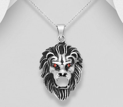 925 Sterling Silver Oxidized Lion Pendant, Decorated with CZ Simulated Diamonds