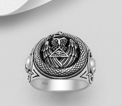 925 Sterling Silver Oxidized Ouroboros, Owl And Skull Ring