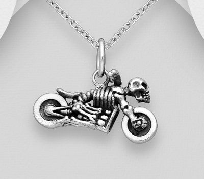 925 Sterling Silver Oxidized Motorcycle And Skull Pendant
