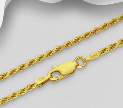 ITALIAN DELIGHT - 925 Sterling Silver Rope Chain, Plated with 0.5 Micron 18K Yellow Gold, 1.8 mm Wide, Made in Italy.