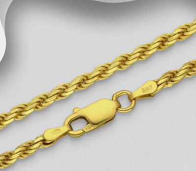 ITALIAN DELIGHT - 925 Sterling Silver Rope Chain, Plated with 0.5 Micron 18K Yellow Gold, 2.7 mm Wide, Made in Italy.