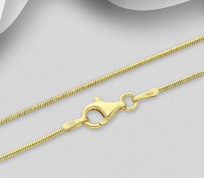 ITALIAN DELIGHT – 925 Sterling Silver Snake Chain, Plated with 0.25 Micron 18K Yellow Gold, 1 mm Wide, 1 mm Wide, Made in Italy.