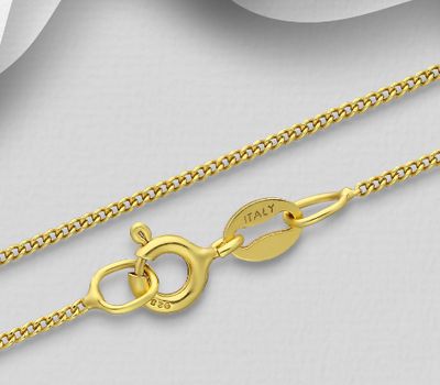 ITALIAN DELIGHT – 925 Sterling Silver Curb Chain, Plated with 1 Micron 18K Yellow Gold, 1 mm Wide, Made in Italy.