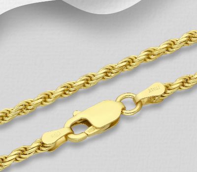 ITALIAN DELIGHT - 925 Sterling Silver Rope Chain, Plated with 0.5 Micron 18K Yellow Gold, 2.3 mm Wide, Made in Italy.