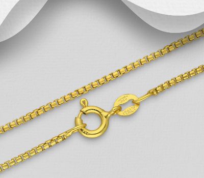 ITALIAN DELIGHT - 925 Sterling Silver Box Chain, Plated with 0.5 Micron 18K Yellow Gold, 1.4 mm Wide, Made in Italy.