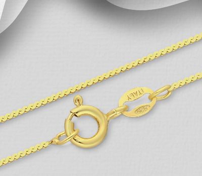Malın səhifəsinə keç ITALIAN DELIGHT – 925 Sterling Silver Curb Chain, Plated with 1 Micron 14K or 18K Yellow Gold, 0.9 mm Wide, Made in Italy.