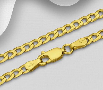 ITALIAN DELIGHT – 925 Sterling Silver Curb Chain, Plated with 0.5 Micron 18K Yellow Gold, 3 mm Wide, Made in Italy.